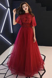 Burgundy Tulle Lace Mid Sleeve Long Prom Dress, Beaded Formal Dress HZ1023
