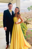 Yellow Satin Simple Open Back Long Prom Dress HZ1023