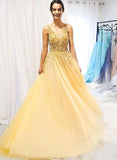 Yellow Tulle Sequins Beaded Long A Line Prom Dress, Party Dress HZ1023