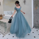 Blue tulle long prom dress, evening dress HZ1023
