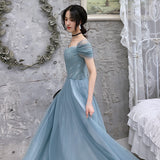 Blue tulle long prom dress, evening dress HZ1023