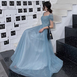 Blue tulle long prom dress, evening dress HZ1023