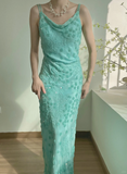 Exquisite Blue Sheath Spaghetti Strap Floral Beaded Chiffon Long Prom Dress Formal Dress HZ1023