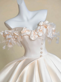 Elegant Ball Gown Off the Shoulder Floral Ivory Satin Prom Dress Wedding Dresses HZ1023
