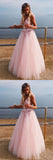 Pink v neck tulle lace long prom dress, pink tulle evening dress HZ1023