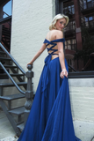Navy Blue A Line Off the Shoulder V Neck Tulle Long Prom Dress Evening Dress HZ1023