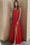 Simple red chiffon long prom dress, red evening dress HZ1023
