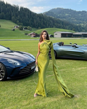 Elegant Sheath Long Sleeve Green Satin Long Open Back Prom Dress Evening Dress HZ1023