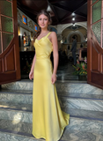 Simple Yellow A Line Spaghetti Strap Satin Date Dress Prom Dress Evening Dress Outfits HZ1023
