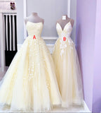 Yellow lace tulle long prom dress HZ1023