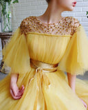 modest yellow prom dress long prom dresses wit tulle evening gown HZ1023