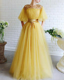 modest yellow prom dress long prom dresses wit tulle evening gown HZ1023