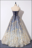 Unique A Line Strapless Blue Ombre Tulle Long Prom Dress Evening Dress HZ1023
