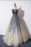 Unique A Line Strapless Blue Ombre Tulle Long Prom Dress Evening Dress HZ1023