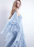 Blue A Line Straps Chiffon Slit Long Prom Dress Evening Dress with Cape HZ1023