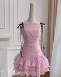 Cute Pink A Line Spaghetti Strap Layered Chiffon Homecoming Dress HZ1023