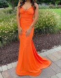 Orange Mermaid Spaghetti Straps Long Prom Dress With Cross Back HZ1023
