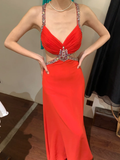 Vintage A Line Spaghetti Strap Red Beaded Sequin Chiffon Long Open Back Prom Dress Evening Dress HZ1023