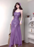 Purple Mermaid Spaghetti Strap Rhinestone Chiffon Prom Dress Vacation Dress Date Dress HZ1023