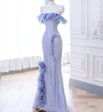 Lavender Flower Ruffles Beaded Lace Prom Dress Mermaid Evening Dress HZ1023