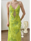 Vintage Halter Green Beaded Chiffon Open Back Long Prom Dress Formal Dress HZ1023