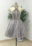 Silver Sexy Halter Sequined Backless Short Homecoming Dress, Sparkly Party Dress HZ1023