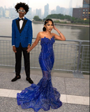 Elegant Royal Blue Sequin Beaded Appliques Mermaid Prom Dress Evening Dress HZ1023