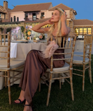 Simple Brown A Line Spaghetti Strap Satin Open Back Prom Dress Wedding Guest Dress HZ1023