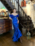 Gorgeous Mermaid Off the Shoulder Blue Sequin Satin Long Prom Dress Evening Dress HZ1023