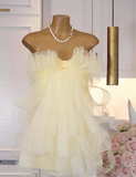 Light Yellow A Line Strapless Bow Layered Organza Mini Homecoming Dress HZ1023