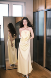 Unique A Line Strapless Yellow Satin Long Prom Dress Formal Gown Party Dress HZ1023