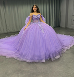 Purple Ball Gown Off the Shoulder Beaded 3D Flowers Sweet 16 Dress Girls Party Gowns vestidos de quincea?era HZ1023