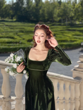 Vintage A Line Long Sleeve Green Velvet Short Prom Dress Homecoming Dress HZ1023