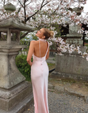 Elegant Mermaid Light Pink Satin Open Back Long Prom Dress Evening Dress HZ1023