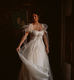 White Cute A Line Puff Organza Long Prom Dress Party Dress Birthday Dress HZ1023