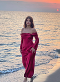 Burgundy A Line Long Sleeve Satin Long Prom Dress Party Dress Outfits HZ1023