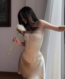 Simple Sheath Strapless Corset Champagne Satin Short Homecoming Dress HZ1023