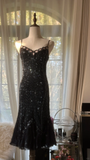 Stunning Mermaid Spaghetti Strap Beaded Black Chiffon Short Homecoming Dress Cocktail Dress HZ1023