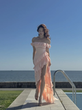 Light Pink A Line Off the Shoulder Ruffle Chiffon Prom Dress Vacation Dress HZ1023