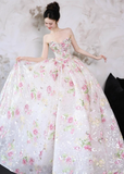Exquisite Ball Gown Strapless Embroidery Floral Tulle Prom Dress 16th Birthday Dress HZ1023