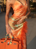 Orange Sheath Spaghetti Strap Feather Satin Prom Dress Vacation Dress with Slit HZ1023