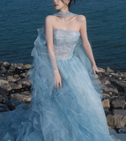 Gorgeous A Line Strapless Beaded Blue Tulle Long Party Dress Evening Dress HZ1023