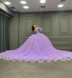 Purple Ball Gown Off the Shoulder Beaded 3D Flowers Sweet 16 Dress Girls Party Gowns vestidos de quincea?era HZ1023