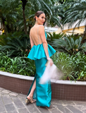 Elegant Sheath Spaghetti Strap Blue Satin Open Back Prom Dress Evening Dress HZ1023