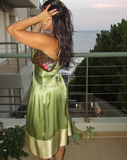 Sexy A Line V Neck Beaded Green Satin Open Back Long Party Dress Evening Dress HZ1023