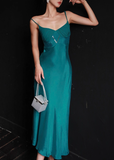 Lake Blue Sheath Spaghetti Strap Beaded Satin Long Prom Dress Party Dress Date Dresses HZ1023