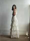 Vintage A Line Puff Layered Beige Lace Long Wedding Dress HZ1023