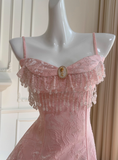 Pink A Line Spaghetti Strap Beaded Lace Homecoming Dress Birthday Dress HZ1023