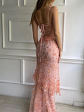 Pink Spaghetti Straps Lace Beading Gorgeous Mermaid Evening Dress HZ1023