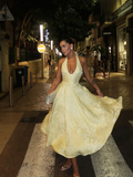Yellow A Line Halter Satin Open Back Prom Dress Party Dress HZ1023